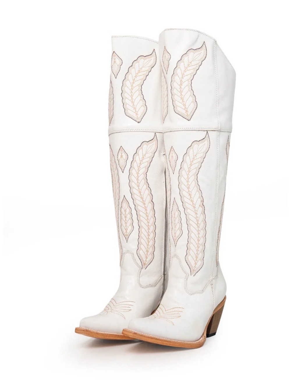 Rock’em Women’s White leather knee high boots embroidered zip US 7.5